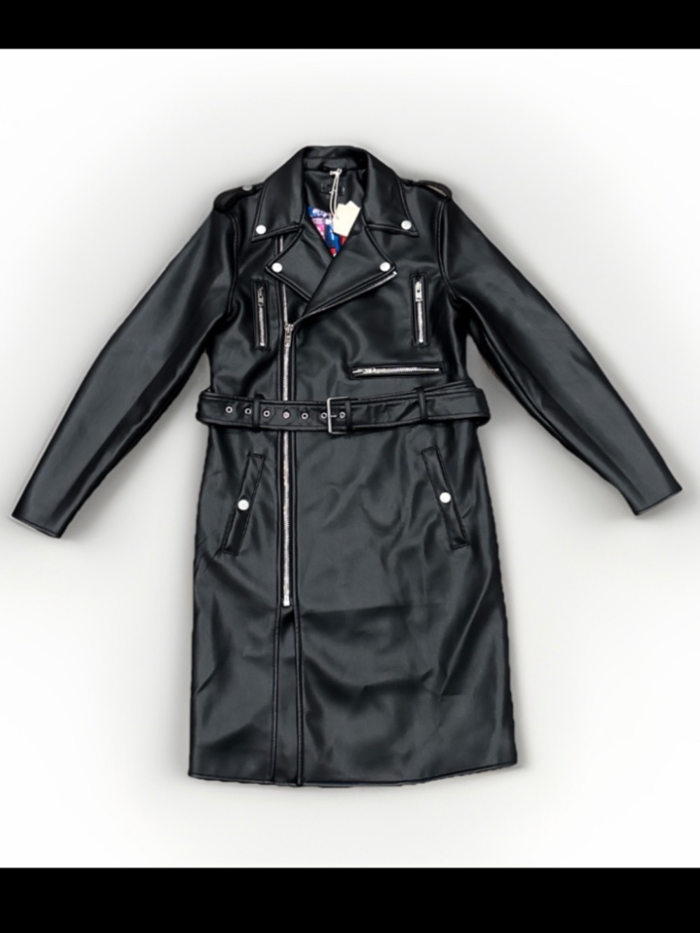 Mother Trench Coat Jacket Black Faux Leather Longline Moto Biker Matrix XS NWT